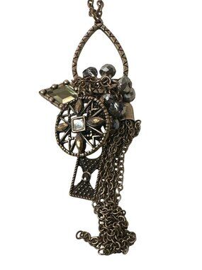 VTG Bronze Multi-Charm Pendant Necklace Rhinestones Unique Boho 3.5" Pendant